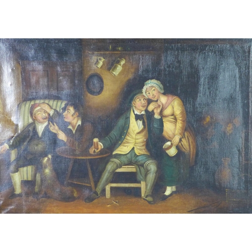 152 - Tavern Scene, oil on canvas, apparently unsigned, framed, 55 x 38cm (a/f)