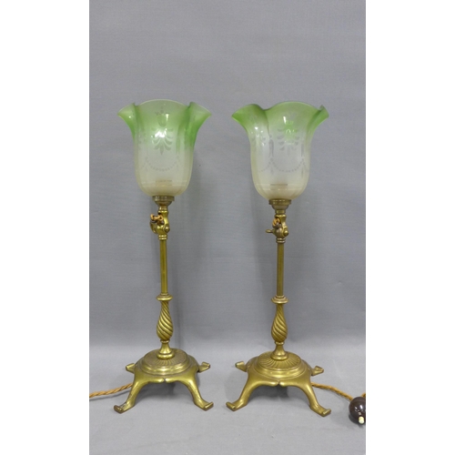 333 - A pair of brass table lamps with green etched glass shades, adjustable, 26cm approx. (2)