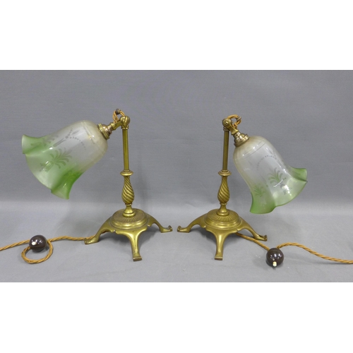 333 - A pair of brass table lamps with green etched glass shades, adjustable, 26cm approx. (2)