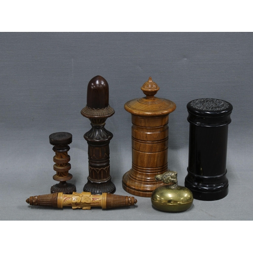 A collection of needle cases and boxes to include a brass thimble box
