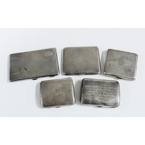 72 - Five silver cigarette cases to include a Victorian case with presentation inscription, Birmingham 18... 