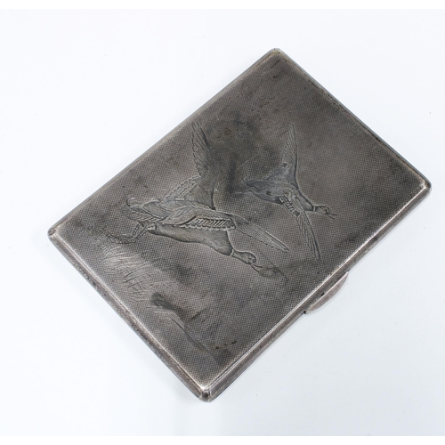 76 - George VI silver cigarette case with an engraved pattern of ducks in flight, Birmingham 1938