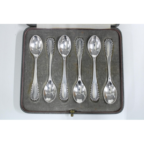 77 - Georg Jensen cased set of six silver coffee / teaspoons, London import marks for  1932, with origina... 