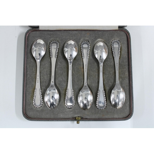 77 - Georg Jensen cased set of six silver coffee / teaspoons, London import marks for  1932, with origina... 