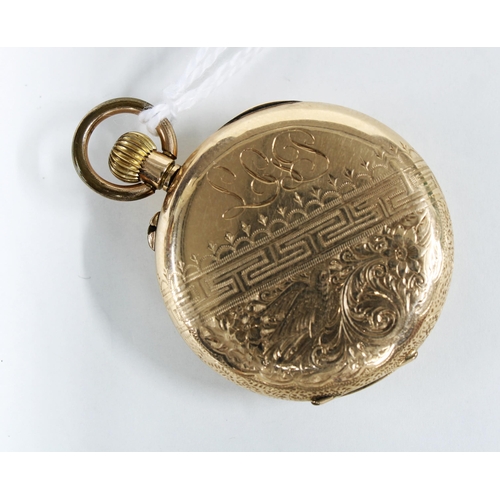 9 - 14ct gold cased fob watch with a foliate engraved dial with roman numerals and blue steel hands, inn... 