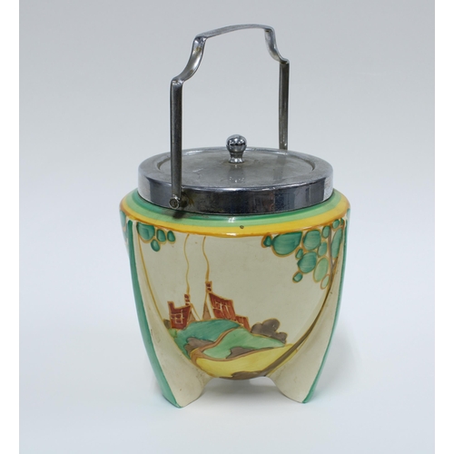 117 - Clarice Cliff 'Secrets' Fantasque Bizarre biscuit barrel, with a chrome plated handle and cover, pri... 