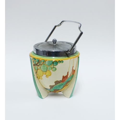 117 - Clarice Cliff 'Secrets' Fantasque Bizarre biscuit barrel, with a chrome plated handle and cover, pri... 