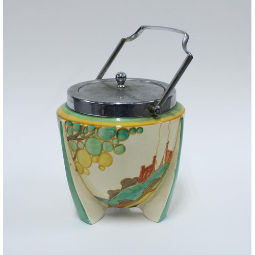 117 - Clarice Cliff 'Secrets' Fantasque Bizarre biscuit barrel, with a chrome plated handle and cover, pri... 