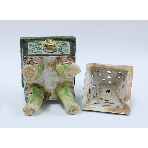 101 - Chinese famille verte incense burner and cover, on four mythical beast feet, 23 x 13cm.