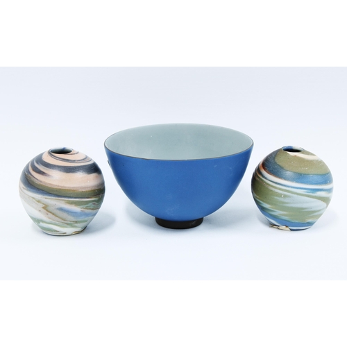 104 - Simon Eeles, Shepherd's Wells pair of studio pottery vases and a larger studio pottery bowl (3) 13cm... 