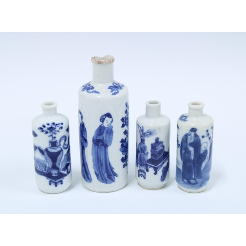 105 - Four Chinese blue and white snuff bottles, one with a Guangxu mark to the base (4) (a/f) 12cm.