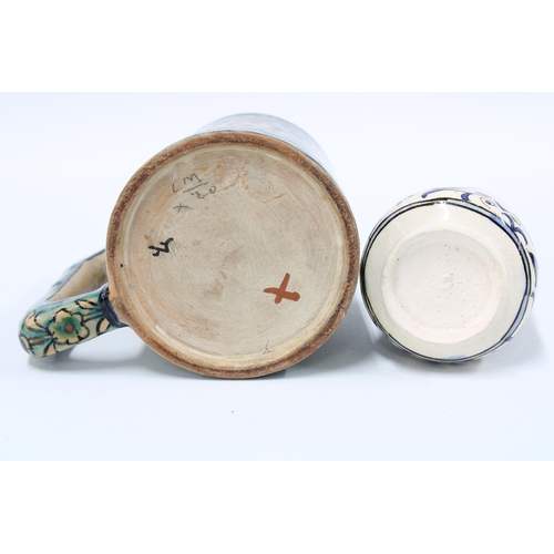 108 - A group of Iznik style pottery to include a plate, tankard and small mug (3) 19cm.