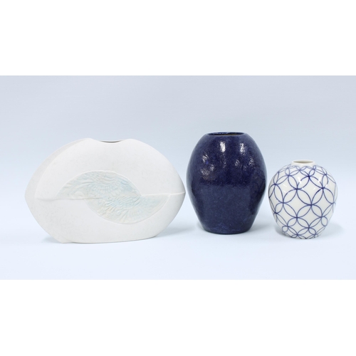 109 - Rhian Malin contemporary porcelain vase in blue and white together with a blue glazed vase and a bis... 