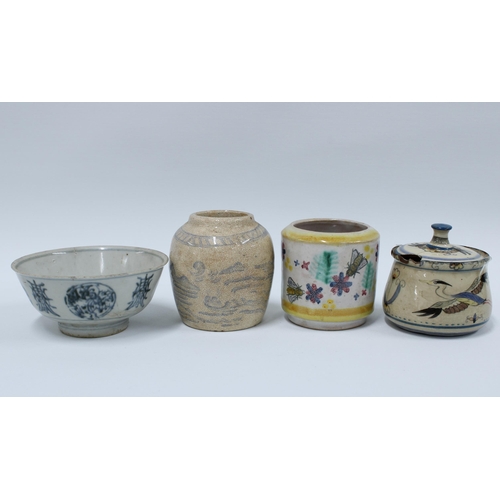 110 - Provincial Chinese pottery vase and bowl together with a Zoo pottery jar and cover (a/f) and an art ... 