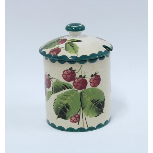 120 - Wemyss Ware Raspberries pattern preserve jar and cover, painted backstamps, 13 x 10cm.