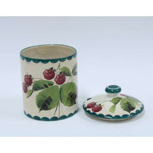 120 - Wemyss Ware Raspberries pattern preserve jar and cover, painted backstamps, 13 x 10cm.