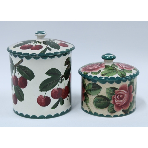 122 - Wemyss Ware cabbage rose pattern biscuit jar and over and a restored  Wemyss plum pattern biscuit ja... 