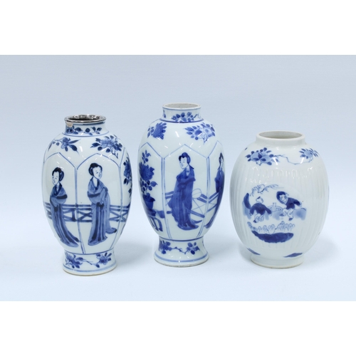 126 - Three Chinese blue and white vases one with a white metal top rim, (3) 16cm.