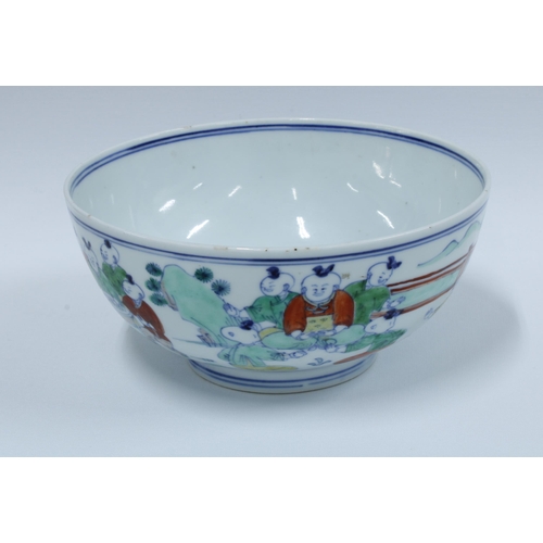 129 - Chinese porcelain Doucai bowl with Playing Boys pattern, bearing six character Yongzheng mark to the...
