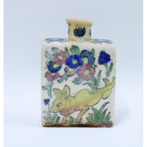 135 - Qajar flask painted in coloured enamels with hare and flowers pattern,  16 x 11cm.