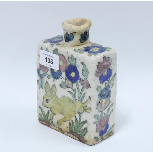 135 - Qajar flask painted in coloured enamels with hare and flowers pattern,  16 x 11cm.