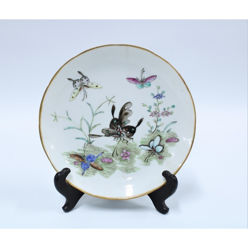 147 - Chinese porcelain saucer dish with butterflies and gilt edge rim, 17cm.