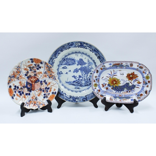 149 - Chinese blue and white plate, Chinese Imari plate and a Staffordshire dish (3) 27cm.