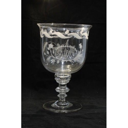 152 - Coin goblet with 1758 shilling enclosed in the stem, etched monogram DMH within a cartouche bordered... 