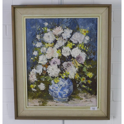 162 - Elsie Bentley, 'Study in pink and blue', oil on board, signed, framed, 40 x 50cm