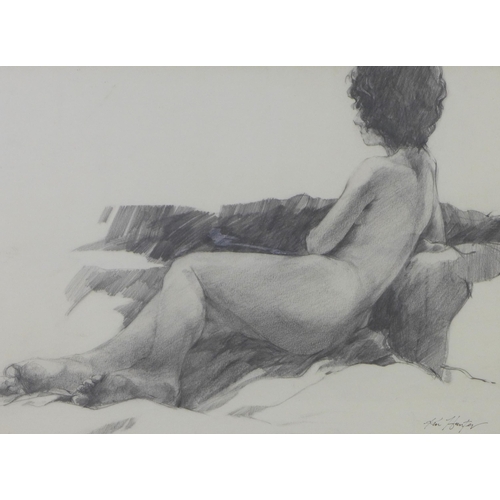 165 - Ken Hunter, female nude pencil drawing, signed and framed under glass, 46 x 33cm