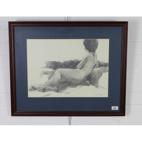 165 - Ken Hunter, female nude pencil drawing, signed and framed under glass, 46 x 33cm