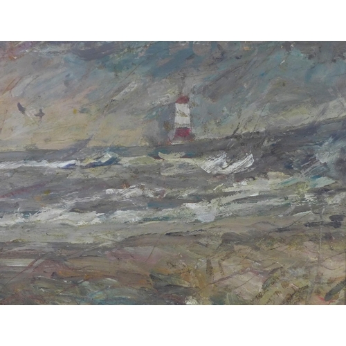 166 - 20th century school, oil on board of a lighthouse and shore line, apparently unsigned, framed, 60 x ... 