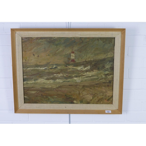 166 - 20th century school, oil on board of a lighthouse and shore line, apparently unsigned, framed, 60 x ... 