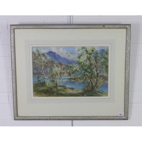 167 - J McQueen Moyes, river and mountain landscape, watercolour, singed and dated 1919, framed under glas... 