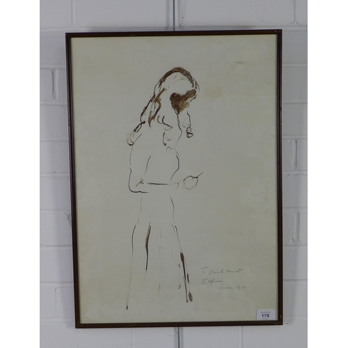 178 - Jane Waller, ink sketch, signed and dated 1974, framed under glass, 41 x 59cm