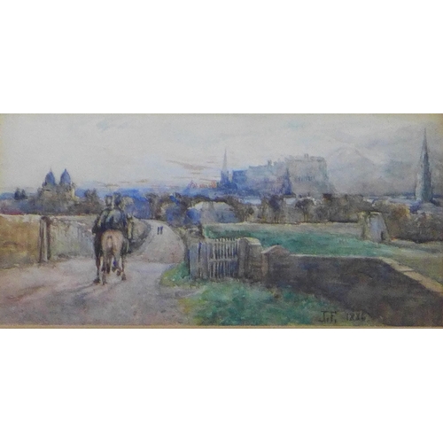 186 - Joseph Finniemore, (1860 - 1939)  'Sun rising over Edinburgh with two soldiers on horses', watercolo... 