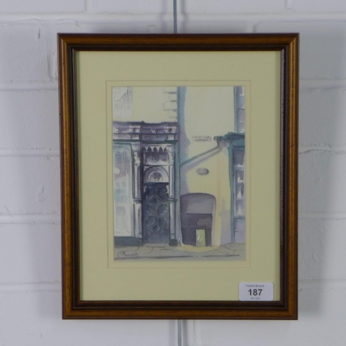 187 - CE Mouncey, Drury Lane, Durham, watercolour, signed and dated '92, framed under glass, 15 x 20cm