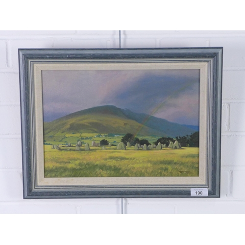 190 - Tom Lamb,  Castlerigg stone circle, Skiddaw or Blencathera, Lake District, oil on board, signed and ... 