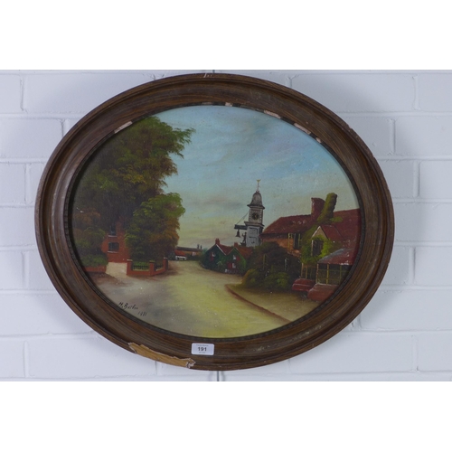 191 - H Burton, village scene, oil on board, signed and dated 1931, in an oval frame, 50 x 40cm