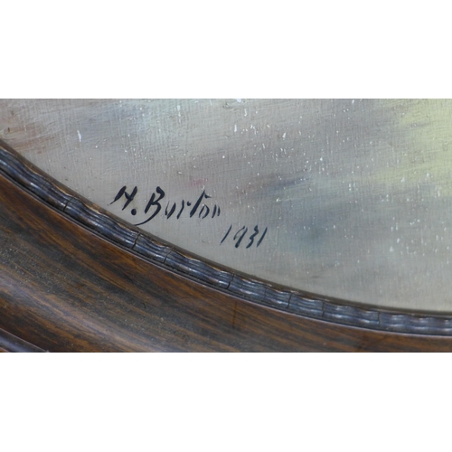 191 - H Burton, village scene, oil on board, signed and dated 1931, in an oval frame, 50 x 40cm