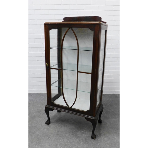 204 - Early 20th century mahogany ledgeback display cabinet with glazed door and shelved interior, on shor... 