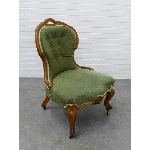 205 - Victorian walnut chair with upholstered back and seat on cabriole legs terminating on ceramic castor... 