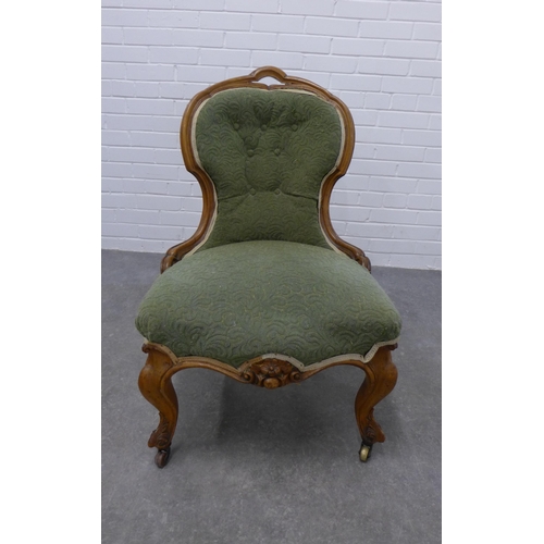 205 - Victorian walnut chair with upholstered back and seat on cabriole legs terminating on ceramic castor... 