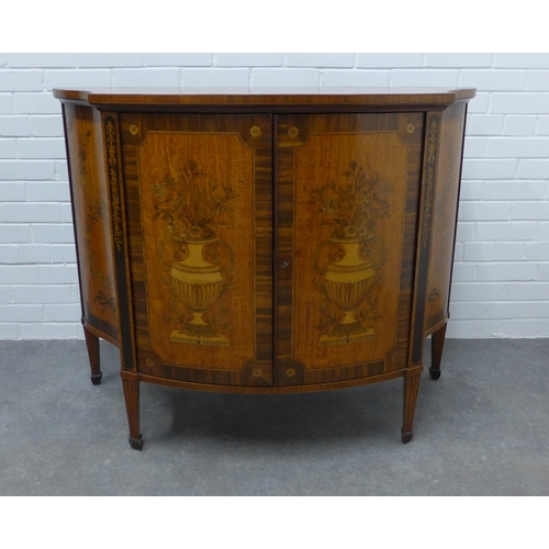 221 - Sheraton Revival satinwood and marquetry bow front cabinet, the top with flowers and foliage with ri... 