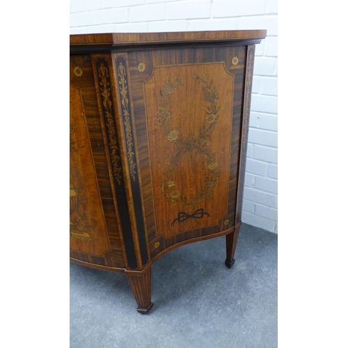 221 - Sheraton Revival satinwood and marquetry bow front cabinet, the top with flowers and foliage with ri... 