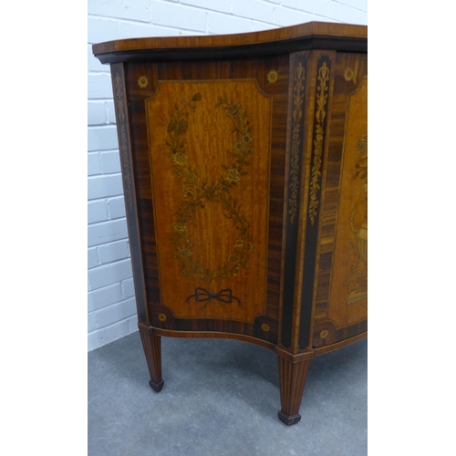 221 - Sheraton Revival satinwood and marquetry bow front cabinet, the top with flowers and foliage with ri... 