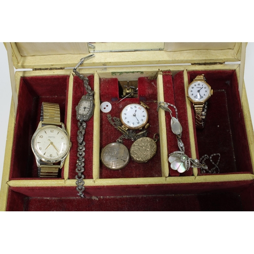 23 - Vintage jewellery box containing a Gents Ingersoll wrist watch, 9ct gold cased watch face, marcasite... 