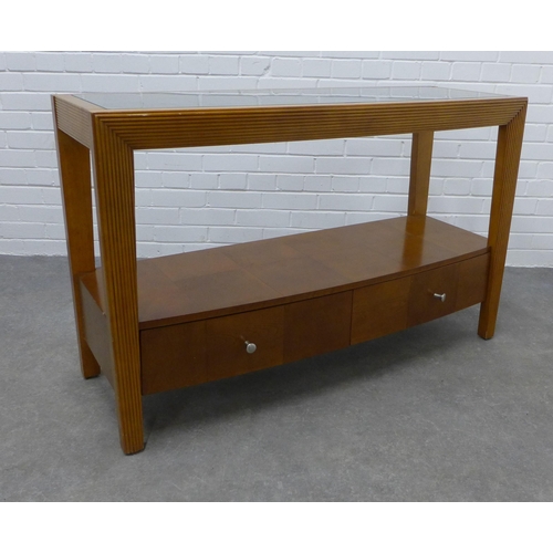 241 - Contemporary cherrywood consol table with glass top and two base drawers,  77 x 121 x 45cm.