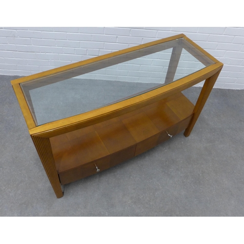 241 - Contemporary cherrywood consol table with glass top and two base drawers,  77 x 121 x 45cm.