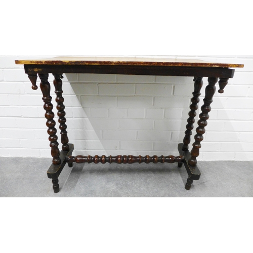 243 - Victorian table with double bobbin legs and stretcher, possibly with a replacement Games table top. ... 